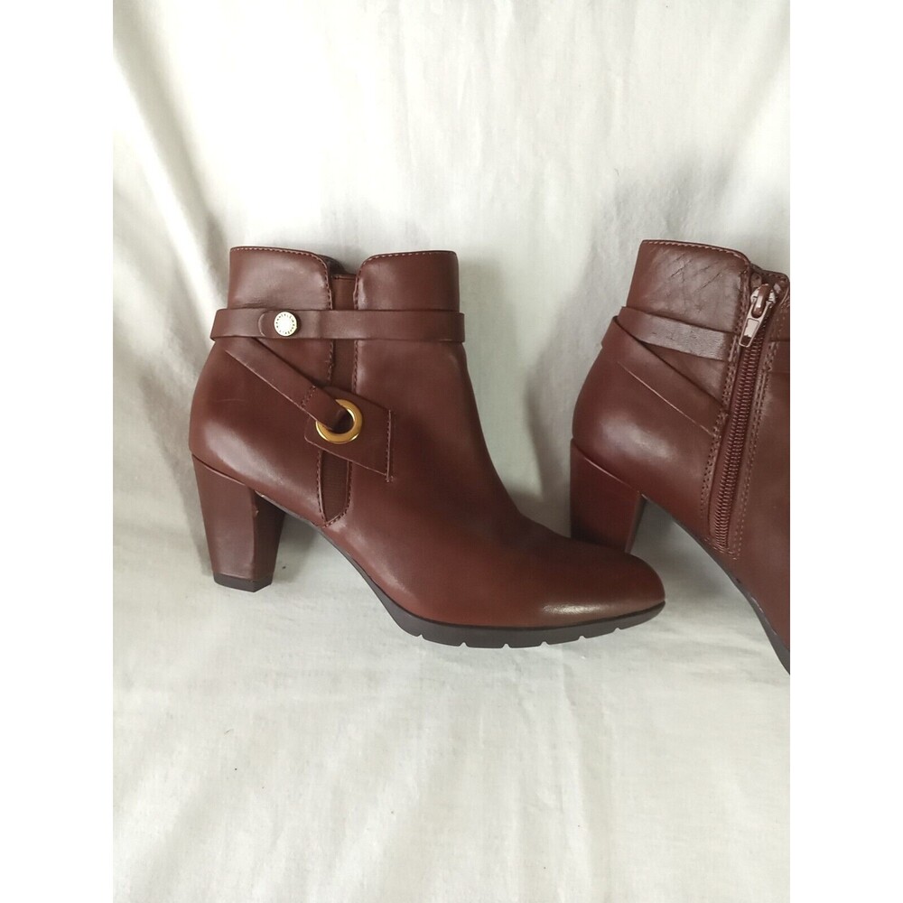 Anne Klein Chelsey Ankle Boots Womens 7.5M Brown Leather Heels Side Zip